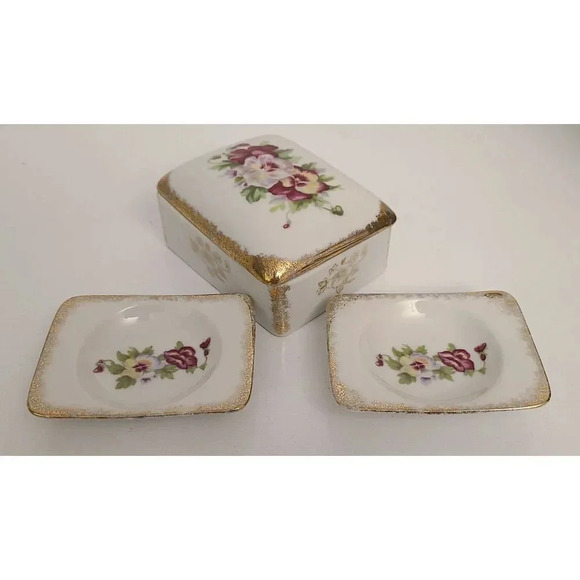 Vintage Shafford Japanese hand painted porcelain trinket box with 2 trays - Picture 8 of 8